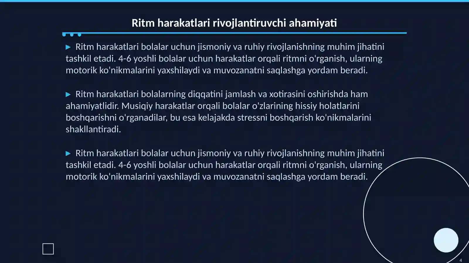 Bolalarni musiqiy ritmik harakatlarga o'rgatish 4