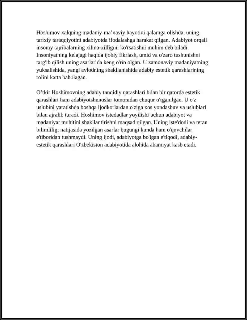 IJODKORNING ADABIY ESTETIK QARASHLARI.O'TKIR HOSHIMOVNING ADABIY TANQIDIY QARASHLARI 4