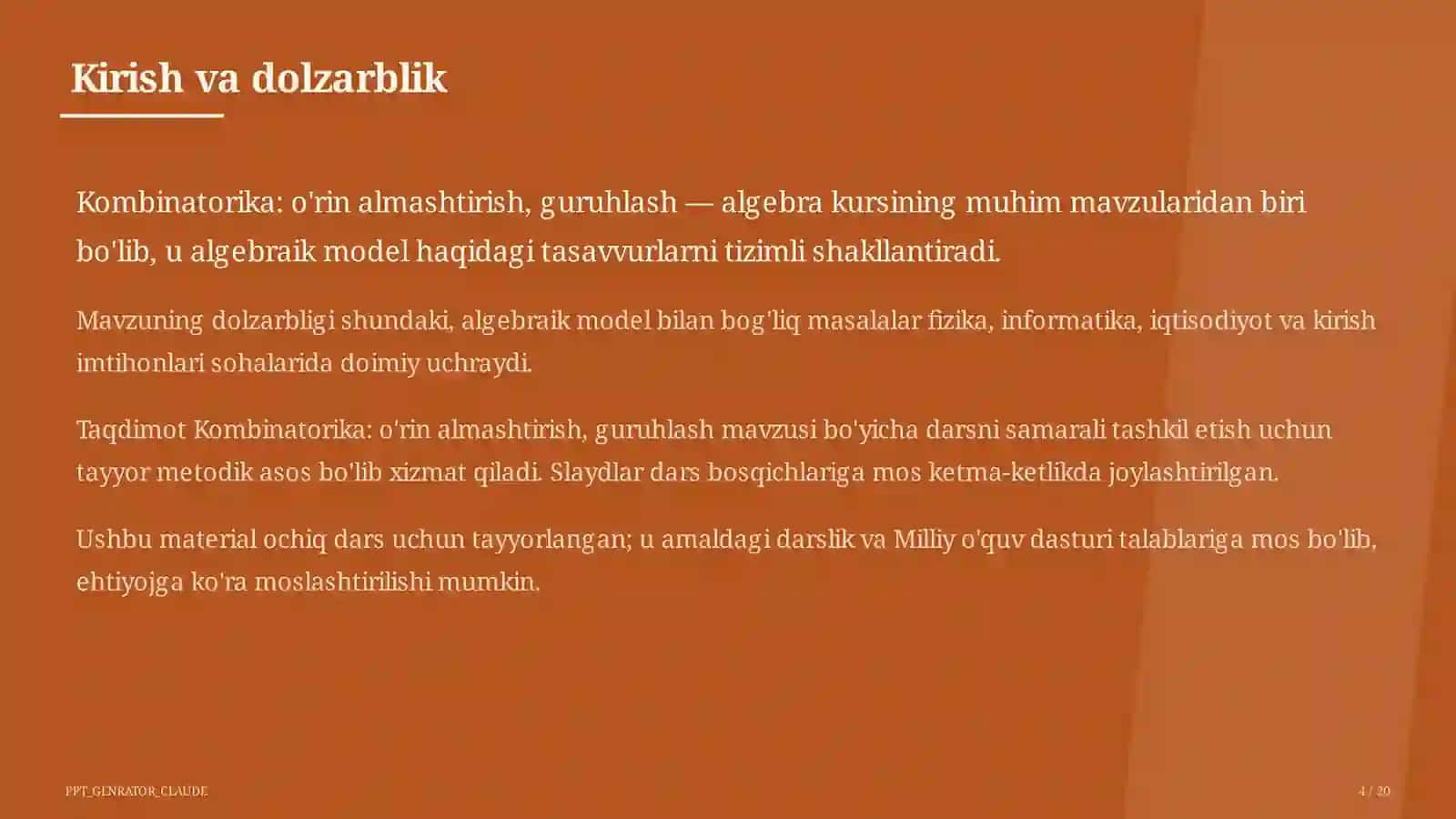 Kombinatorika: o'rin almashtirish, guruhlash (9-sinf) 4