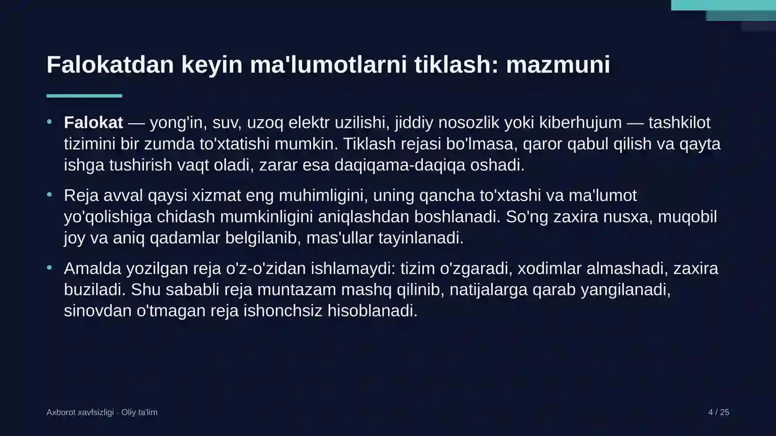 Loyiha institutlarida falokatdan keyin ma'lumotlarni tiklash 4