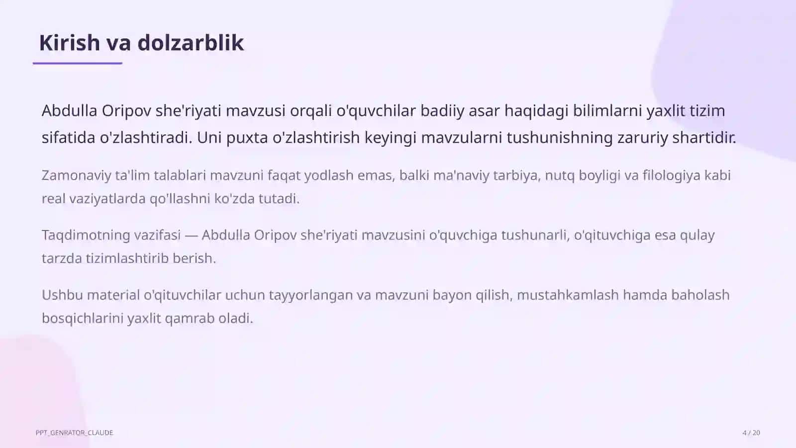 Abdulla Oripov she'riyati (9-sinf) 4