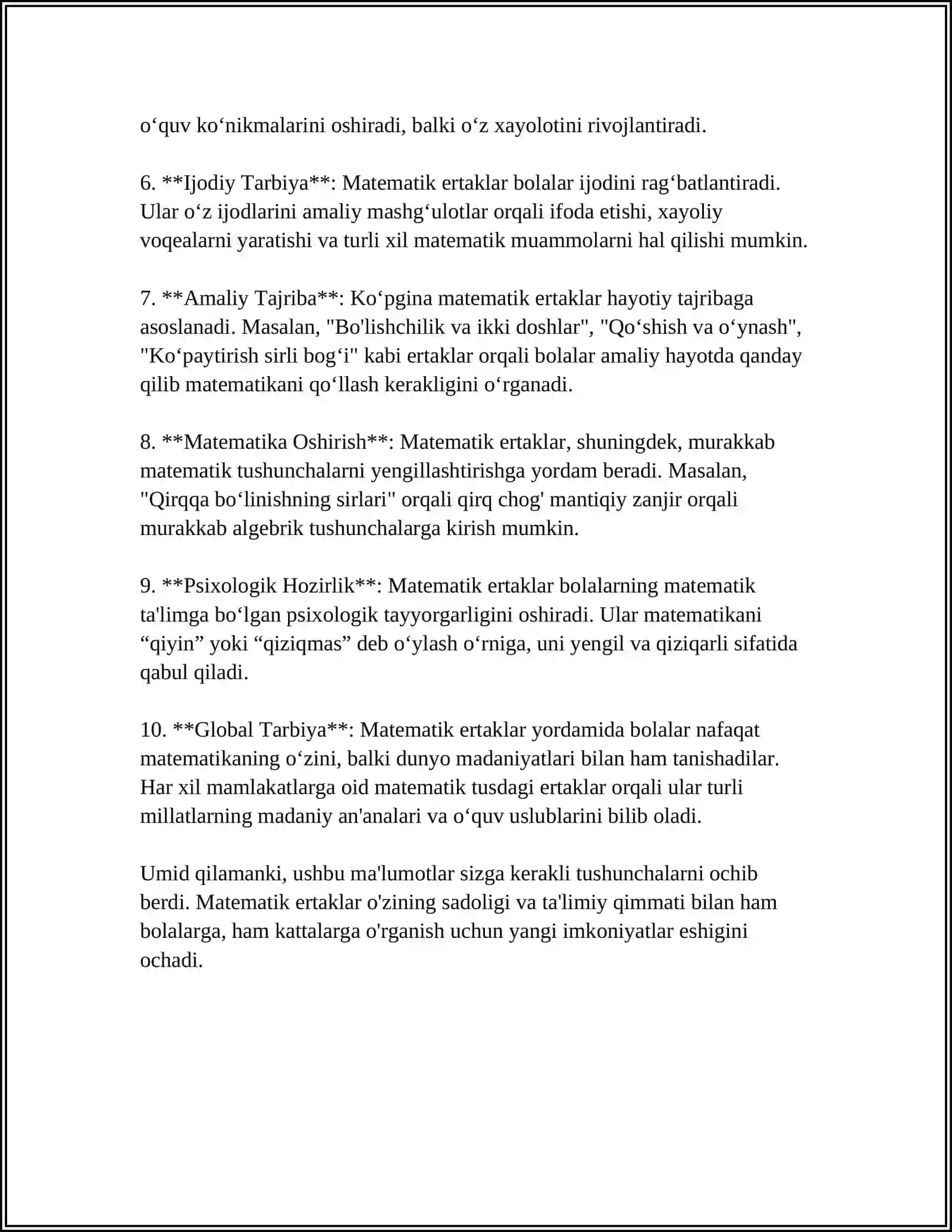 BOSHLANGʻICH SINFLARDA MATEMATIKADAN SINFDAN TASHQARI ISHLARNI TASHKIL QILISH TURLARI(2-SINF MISOLIDA) 4