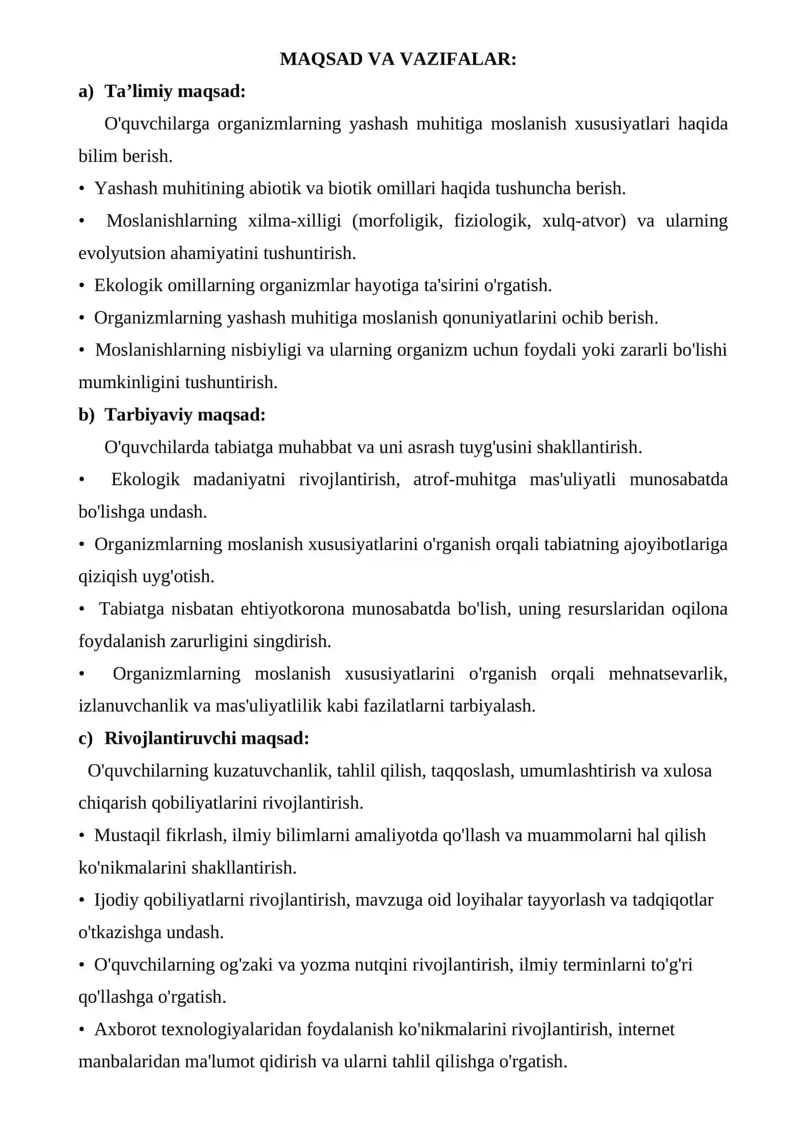 “6- 11 - sinflarda Organizmlarning moslanishi va yashash muhiti“ mavzusida 4