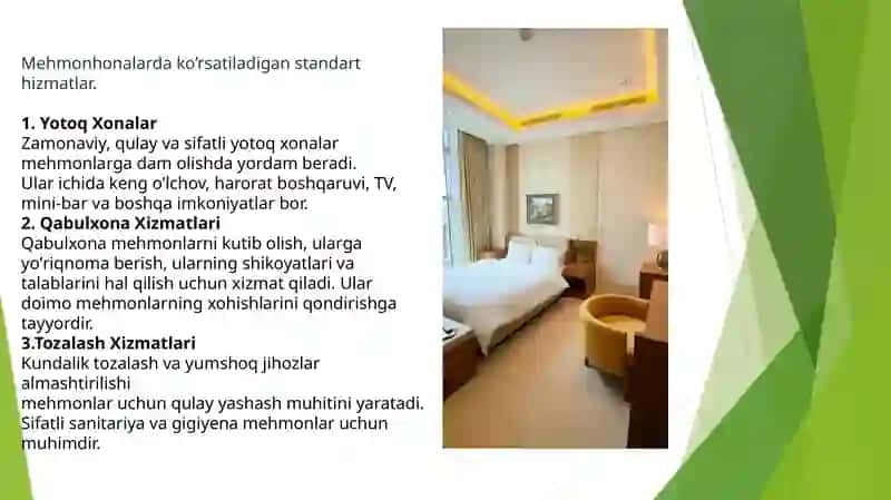 Mehmonxonalarda ko'rsatiladigan asosiy va qo'shimcha  Xizmatlar. 4