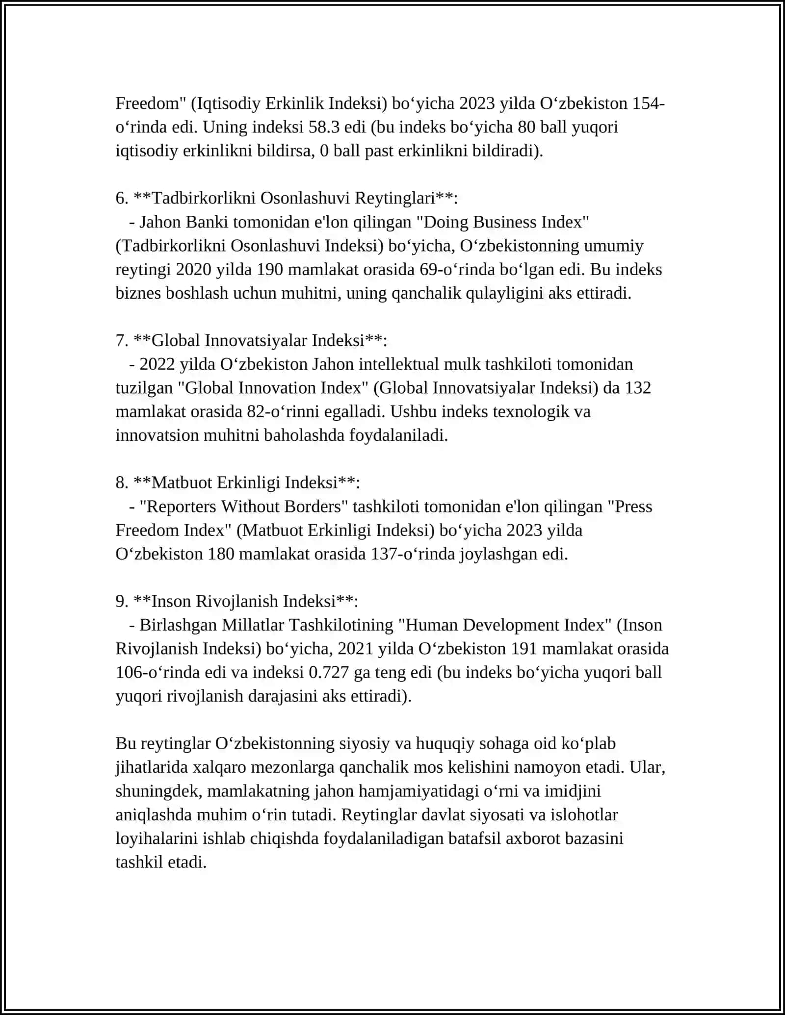 SIYOSIY-HUQUQIY SOHADAGI USTUVOR HALQARO REYTINGLAR VA ULARGA O’ZBEKISTONNING INTEGRATSIYALASHUVI 4