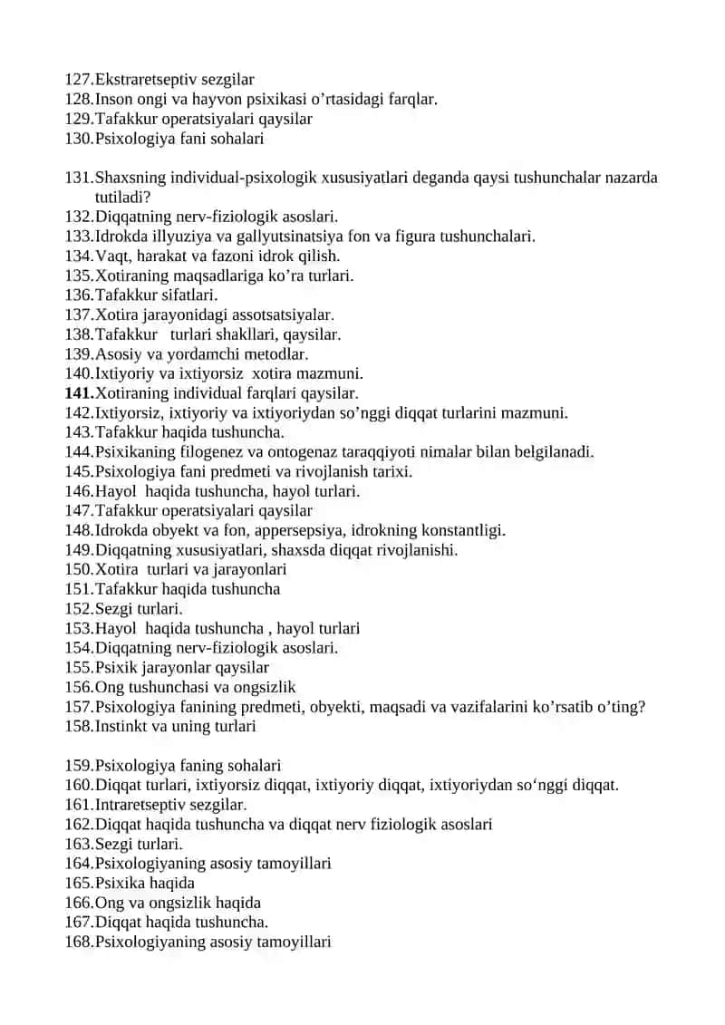 Umumiy psixologiya fanidan oraliq nazorat savollari 4