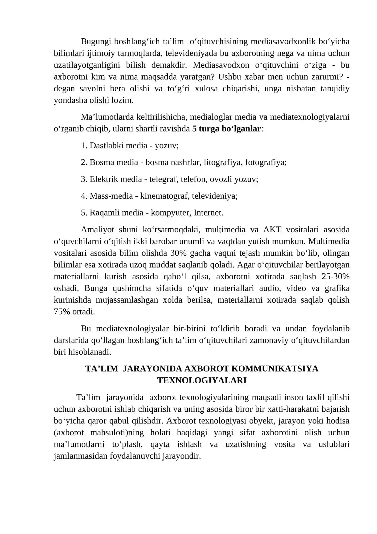 BOSHLANG‘ICH TA’LIM DARSLARIDA AKT VA MEDIA SAVODXONLIGI TUSHUNCHASI,  TA’LIM JARAYONIDA AXBOROT KOMMUNIKATSIYA TEXNOLOGIYALARI. 4
