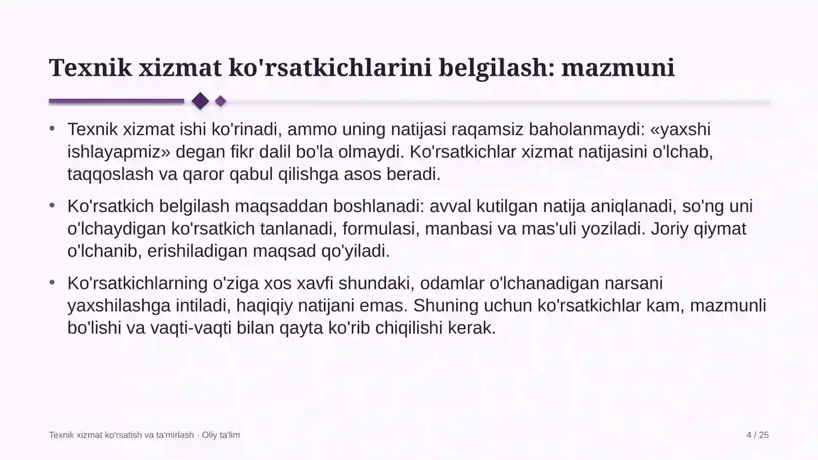 Elektron tijoratda texnik xizmat ko'rsatish ko'rsatkichlarini belgilash 4