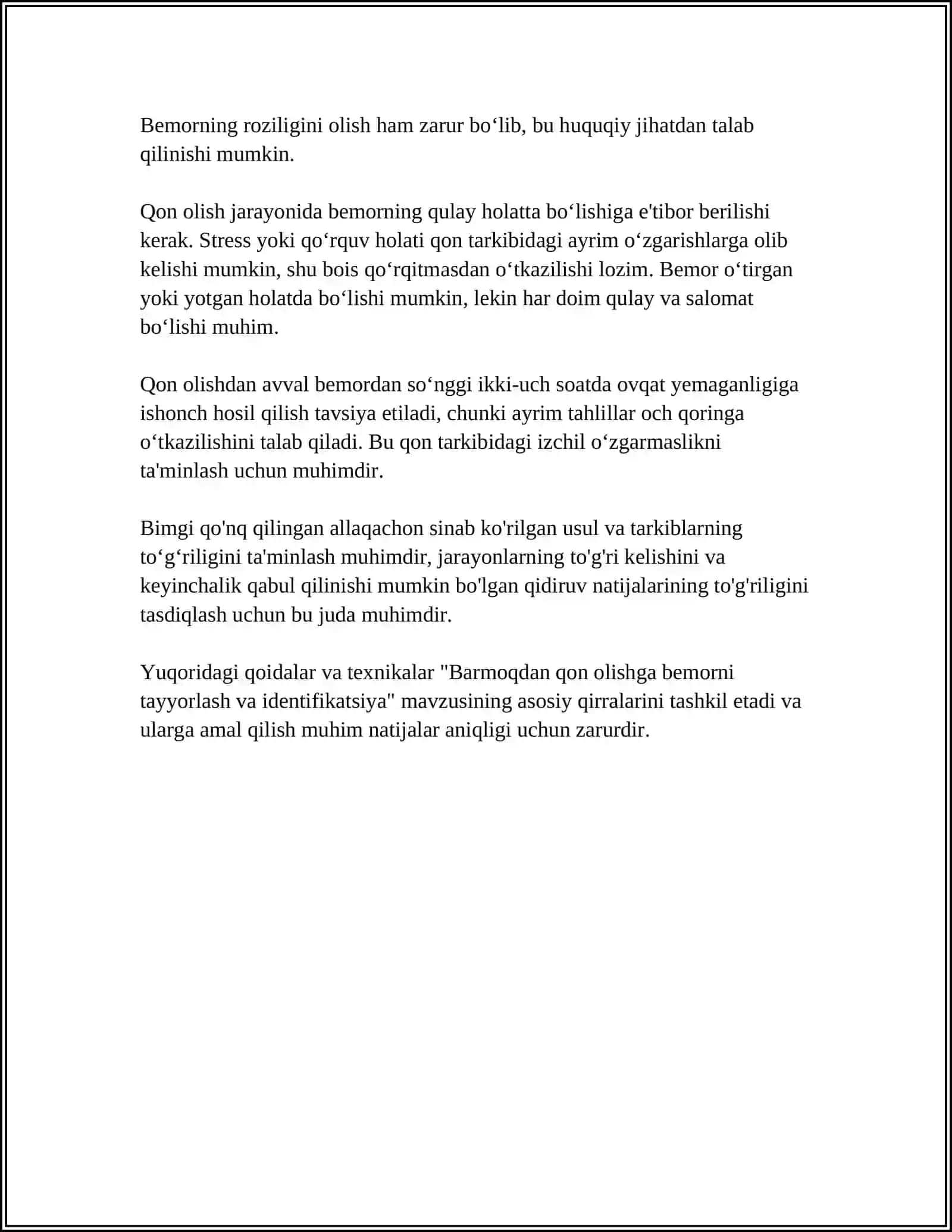 QON TAHLILI UCHUN BARMOQDAN QON OLISH QONDAGI GEMOGLOBINNI ECHT NI ANIQLASH QON SURTMASINI TAYYORLASH LABARATORIYAGA YOLLANMA YOZISH REGISTON TEXNIKUMI 4