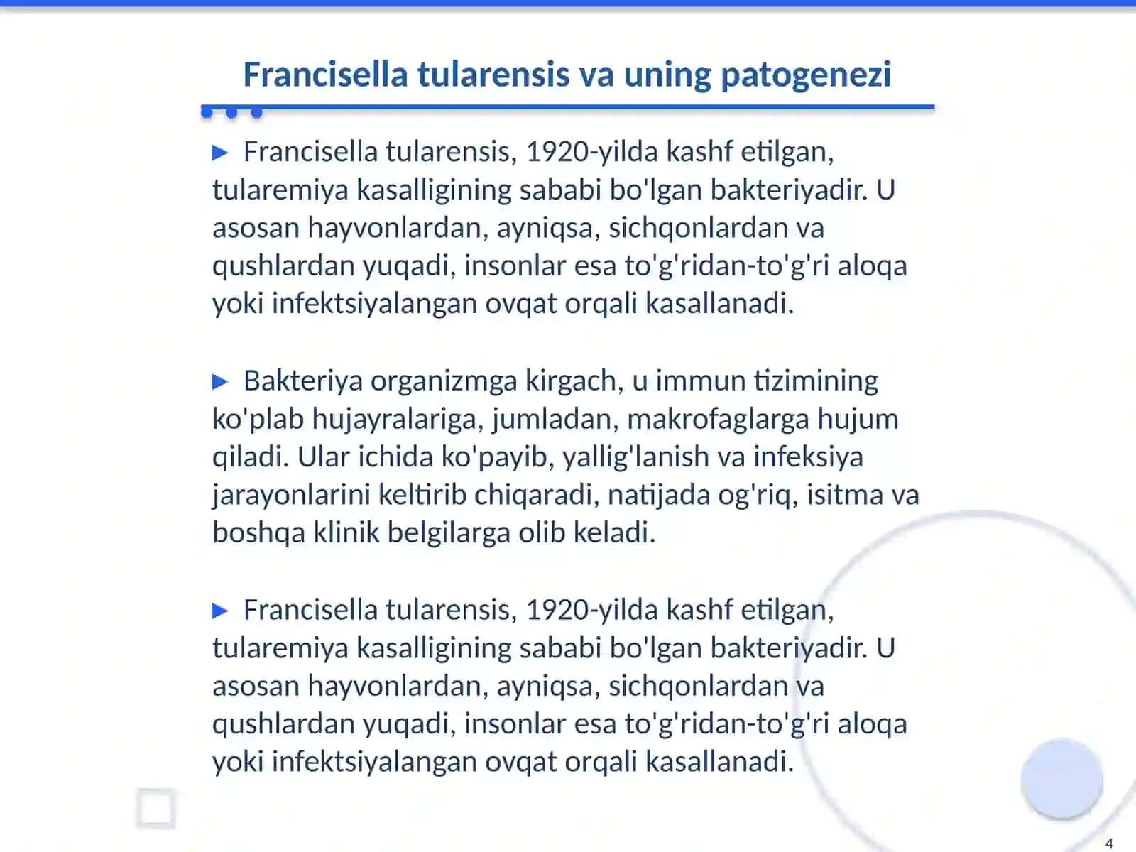 Yersinia pestis, Francisella tularensis keltirib chiqargan kasalliklar patogenezi,laborator tashhisi.Maxsus profilaktika va terapiyasi Mikrobiologiya fani 4