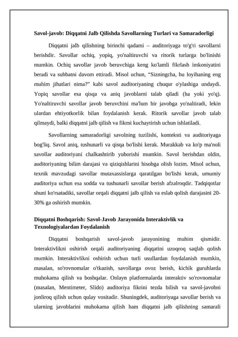 Muloqotda savol- javoblar, diqqatni jalb qilish va boshqarish (Intervyu tarzida material) 4