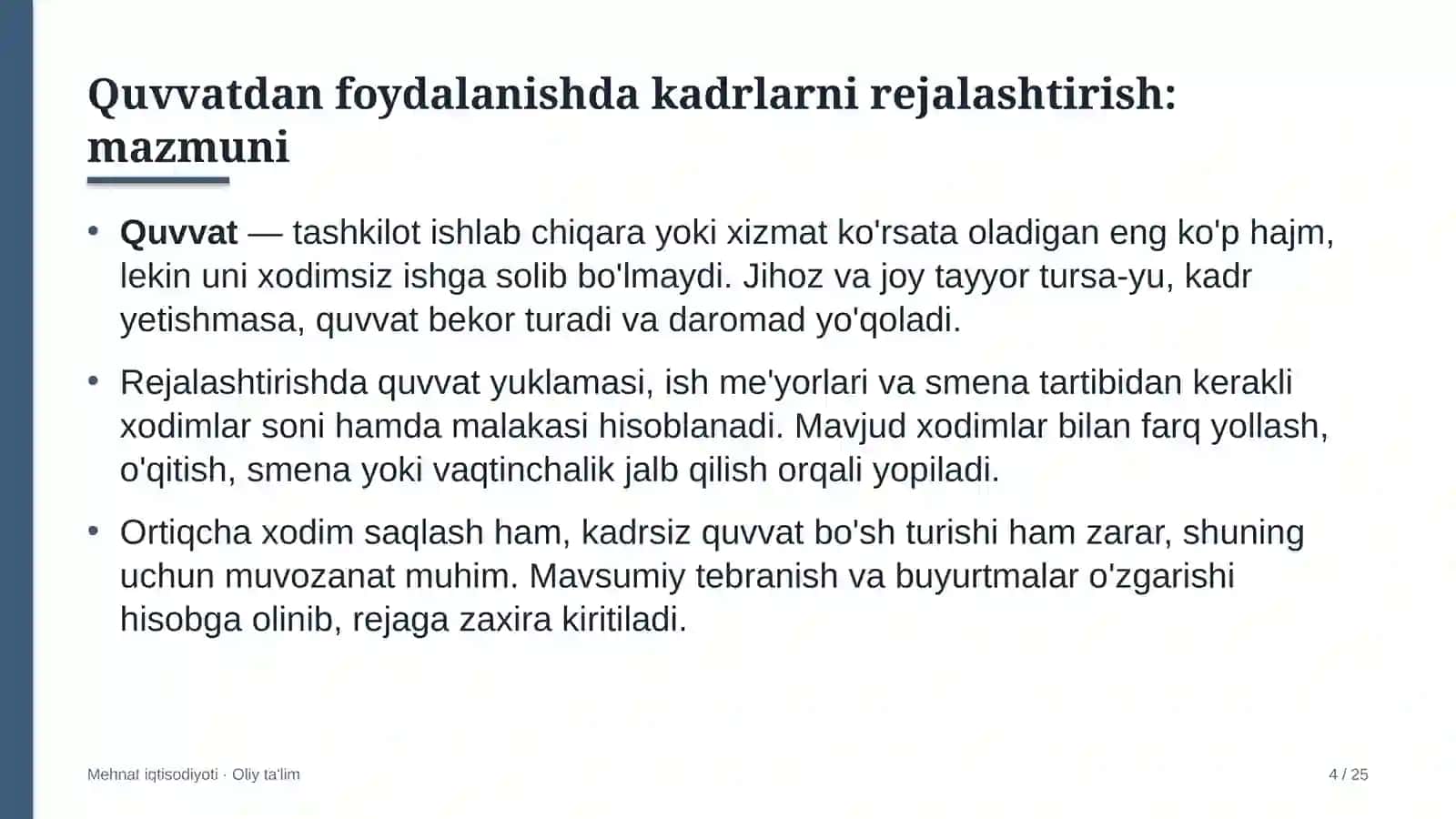 Dam olish maskanlarida ishlab chiqarish quvvatidan kadrlar bilan foydalanishni rejalashtirish 4