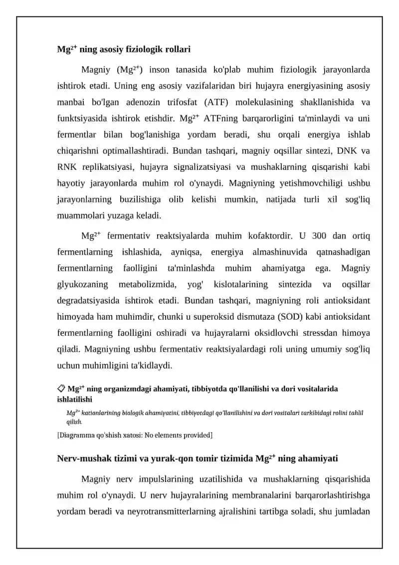 Mg²⁺ kationi organizmda ahamiyati, tibbiyotda qoʻllanilishi va dori vositsi tarkibida qoʻllanilishi 4