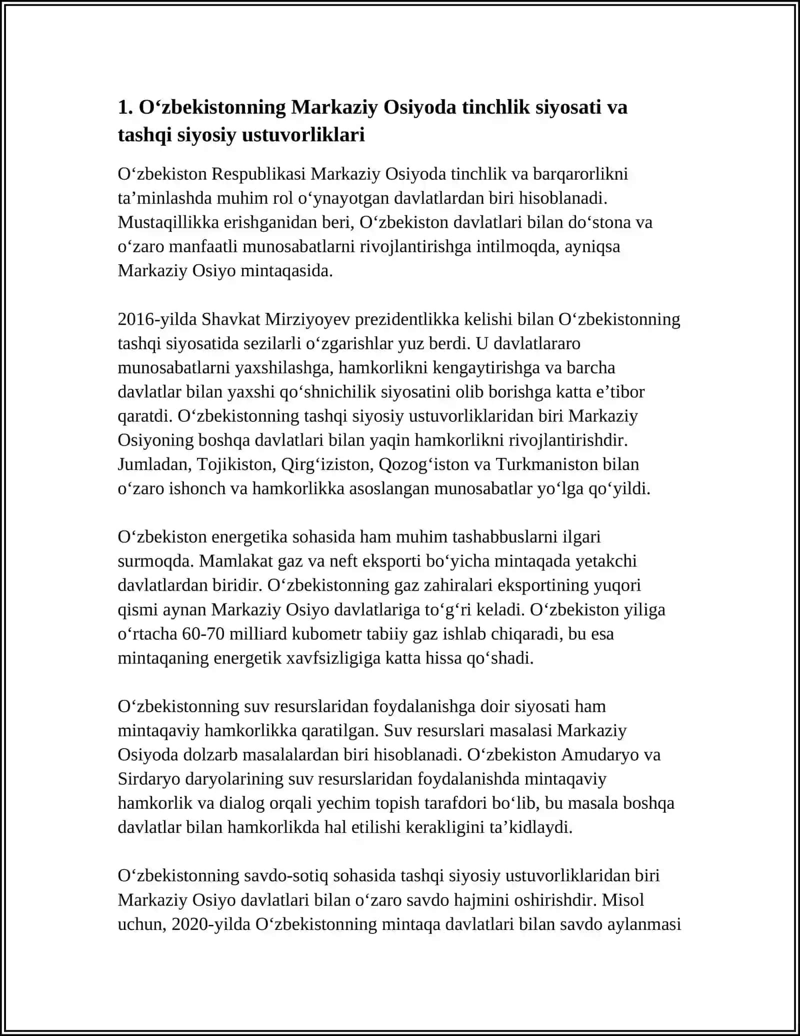 OʻZBEKISTONNING MARKAZIY OSIYODA TINCHLIK VA BARQARORLIKNI TAʼMINLASHDAGI OʻRNI 4