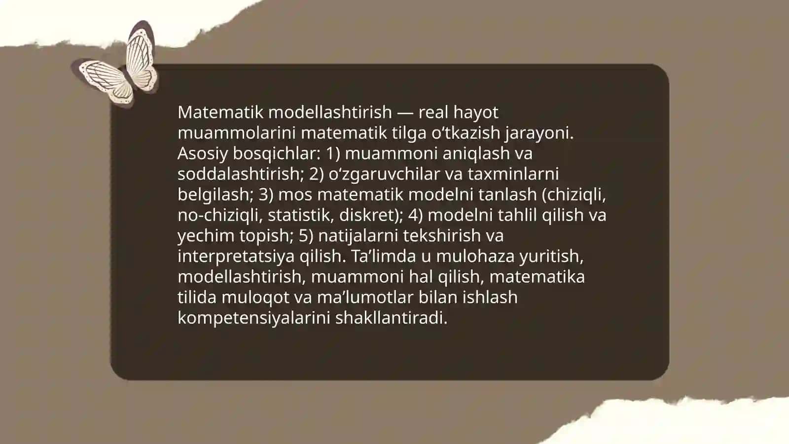 Matematika fanidan oʻquvchilarda mulohaza yuritish, medollashtirish, muammoni hal qilish, matematika tilida muloqot qilish va maʼlumotlar bilan ishlash amaliy kompetensiyalarni shakllantirish 4
