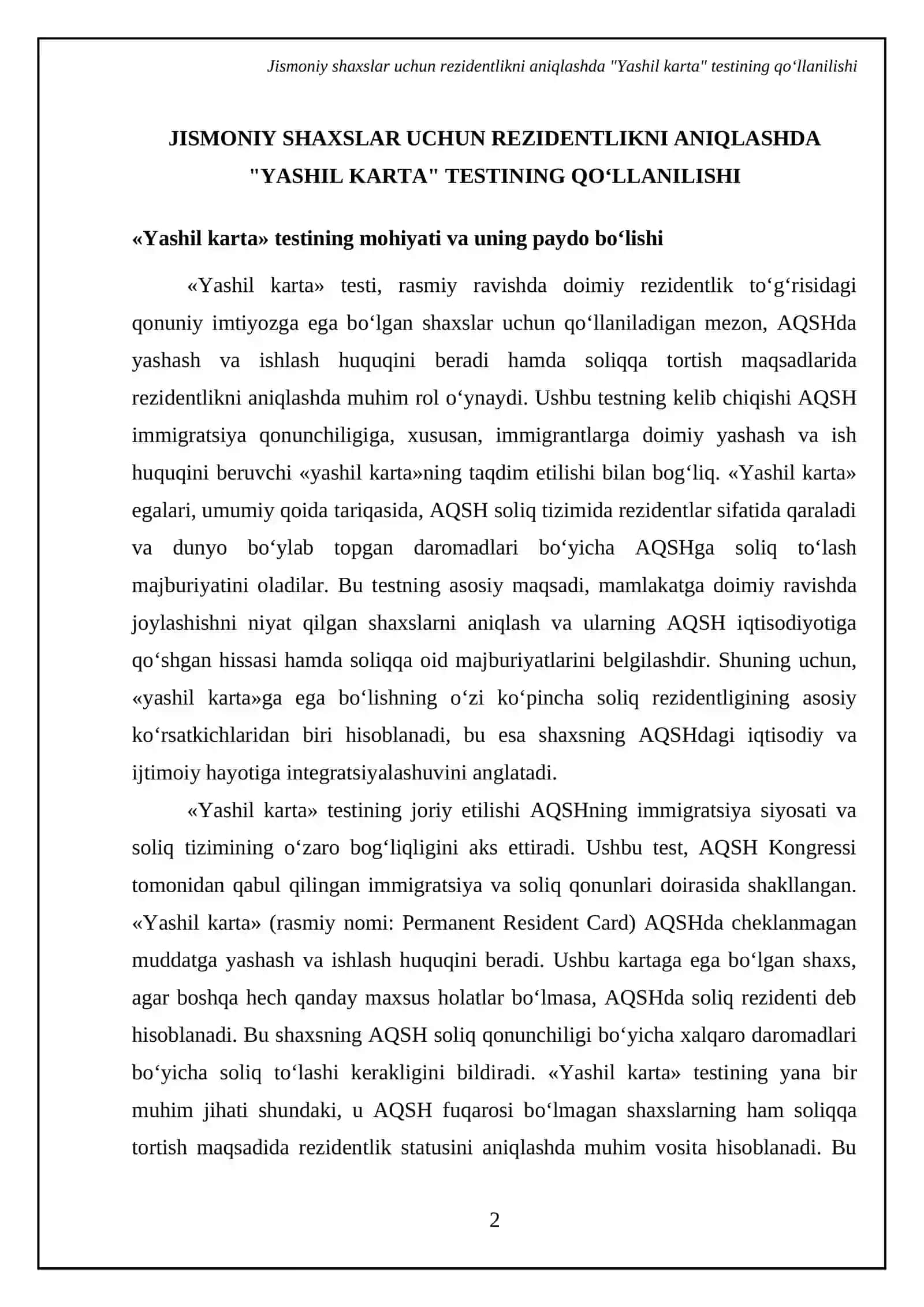 Shaxs va yuridik shaxs uchun rezidentlik aniqlash mezonlari (Green card testi, Substantial Presence testi) 4