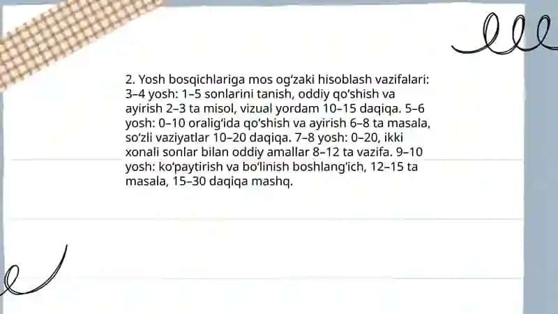 Ogʻzaki va yozma hisoblashga doir didaktik topshiriqlar toʻplamini tuzish 4