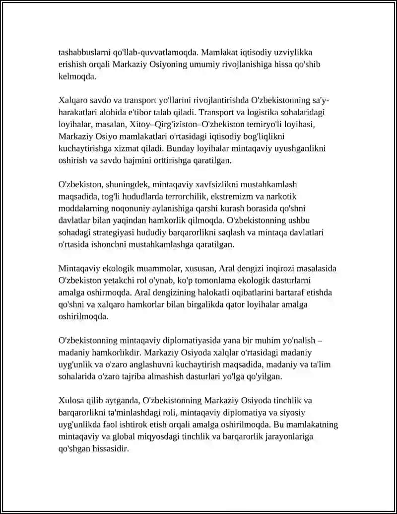 O'ZBEKISTONNING MARKAZIY OSIYODA TINCHLIK VA BARQARORLIKNI TAʼMINLASHDAGI O'RNI 4