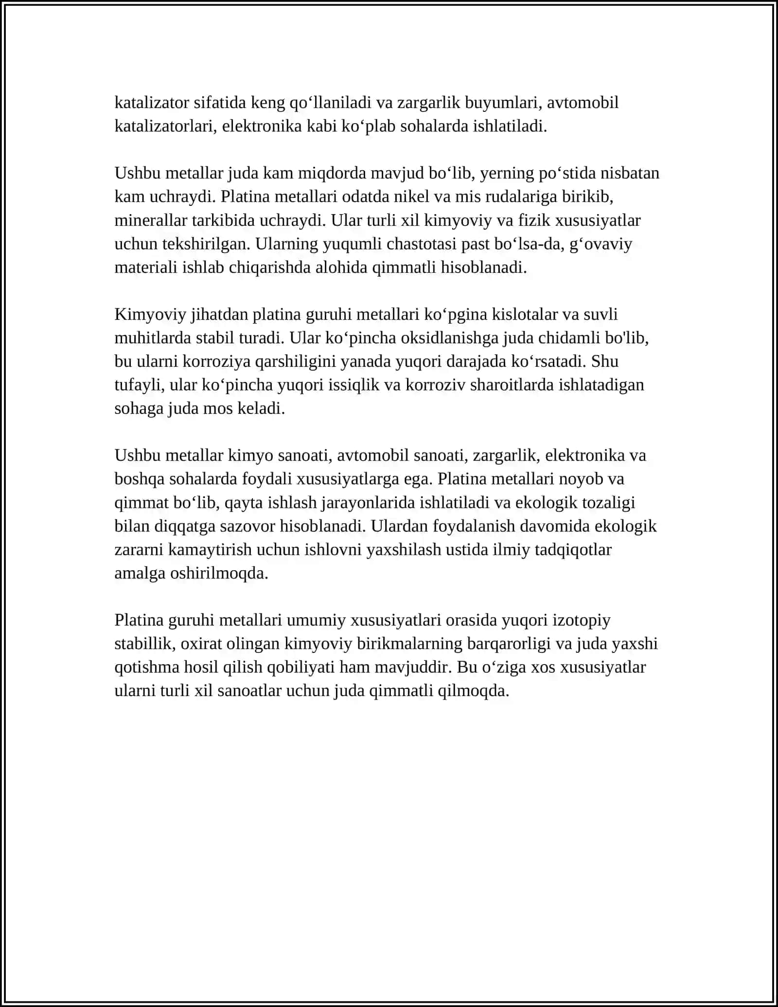 PLATINA METALLARINING KIMYOVIY XOSSALARINI VA SANOATNING QOʻLLANMALARI 4