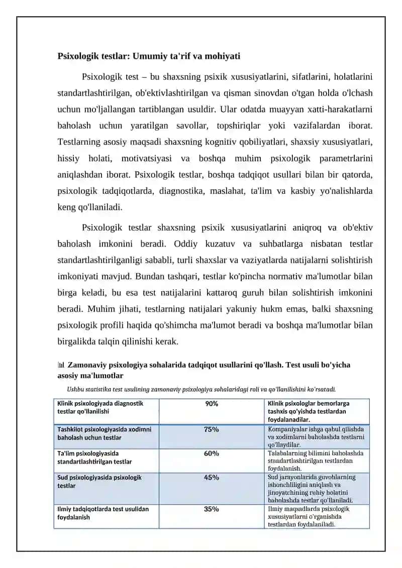 Zamonaviy psixologiya tarmoqlarida tadqiqot metodlarini qoʼllanishi.Test metodi. 4