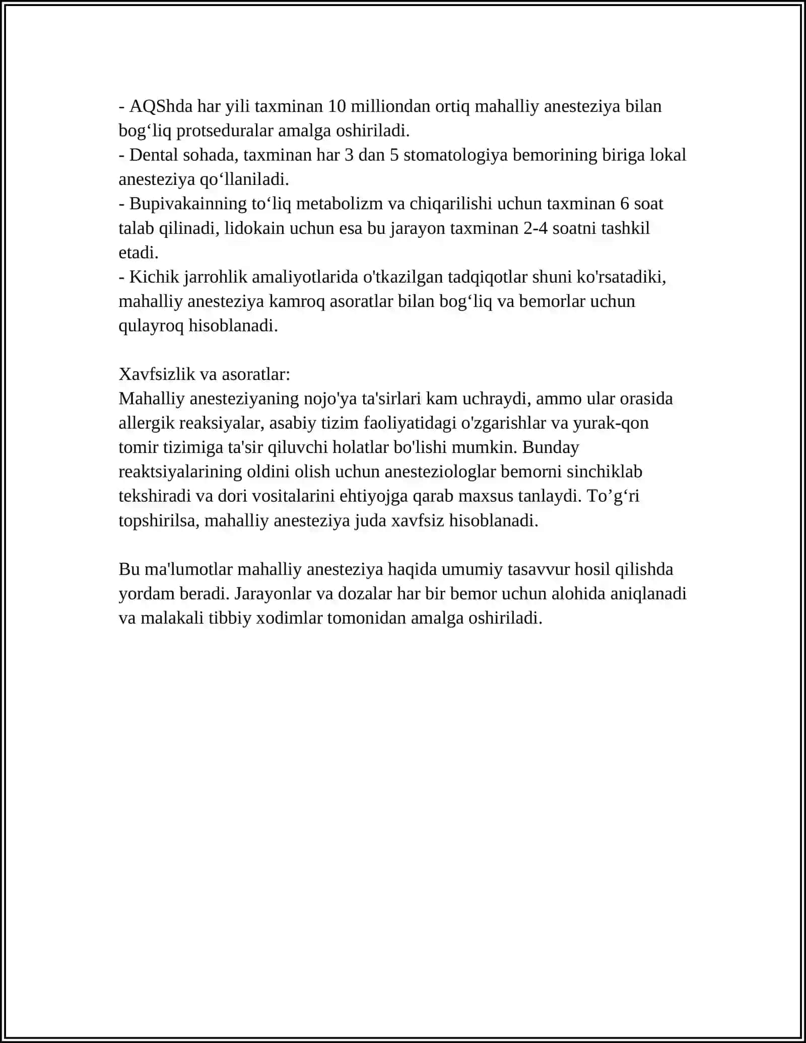 STOMATOLOGIYADA BAJARILADIGAN ANESTEZIYA TURLARI. AFZALLIKLARI VA KAMCHILIKLARI 4