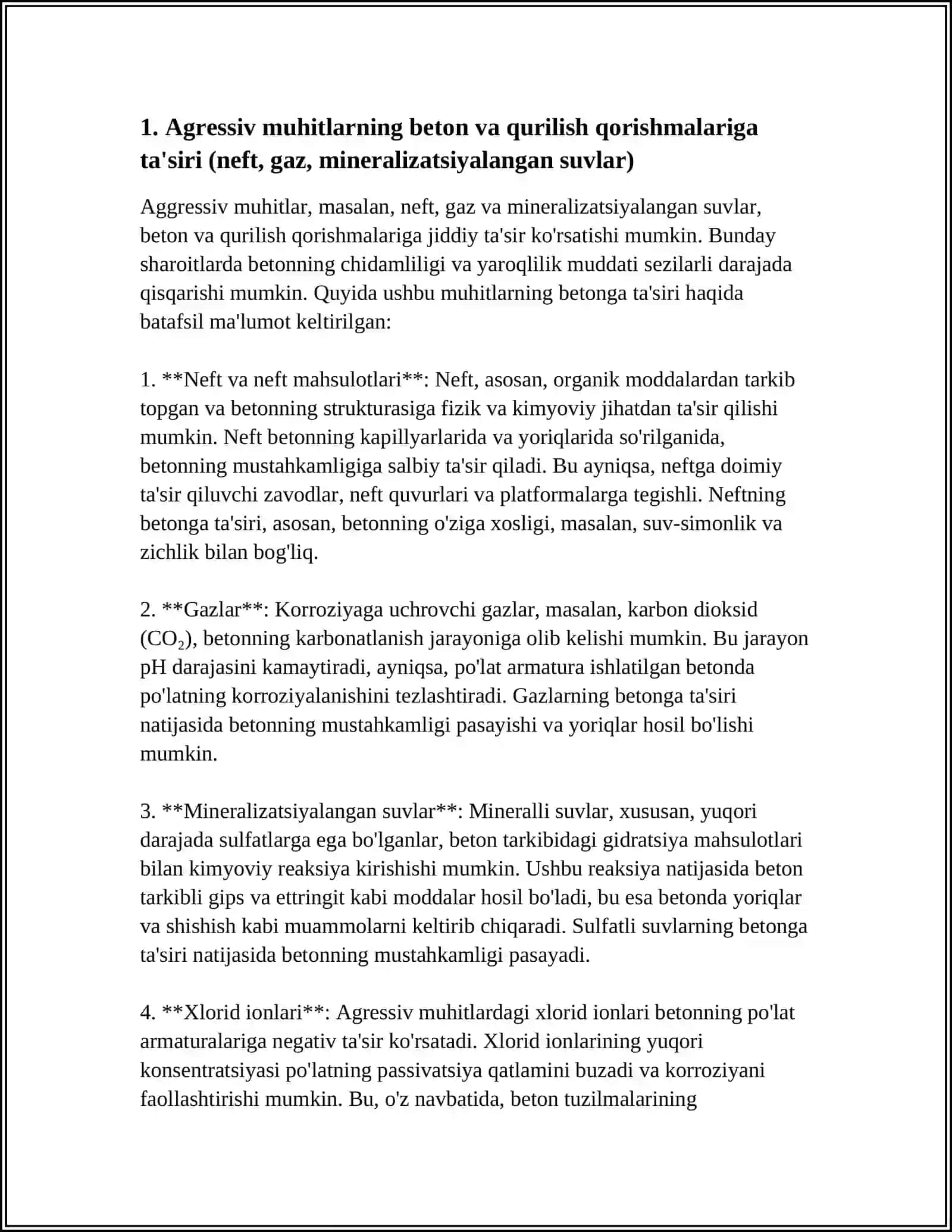 AGRESSIV MUHITLARGA CHIDAMLI BETONLAR VA QURILISH QORISHMALARI(NEFT,GAZ, MINERALLSHGAN SUVLAR) NING AHAMIYATI 4