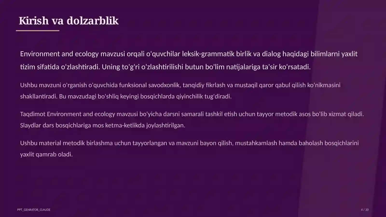 Environment and ecology (9-sinf) - Ingliz tili (1–11) — metodik birlashma uchun 4