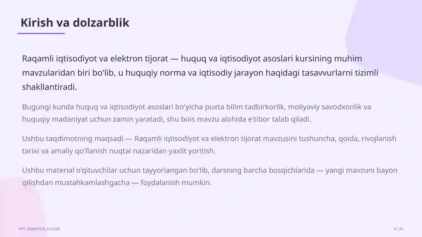 Huquq va iqtisodiyot asoslari (9–11) — o'qituvchilar uchun 4