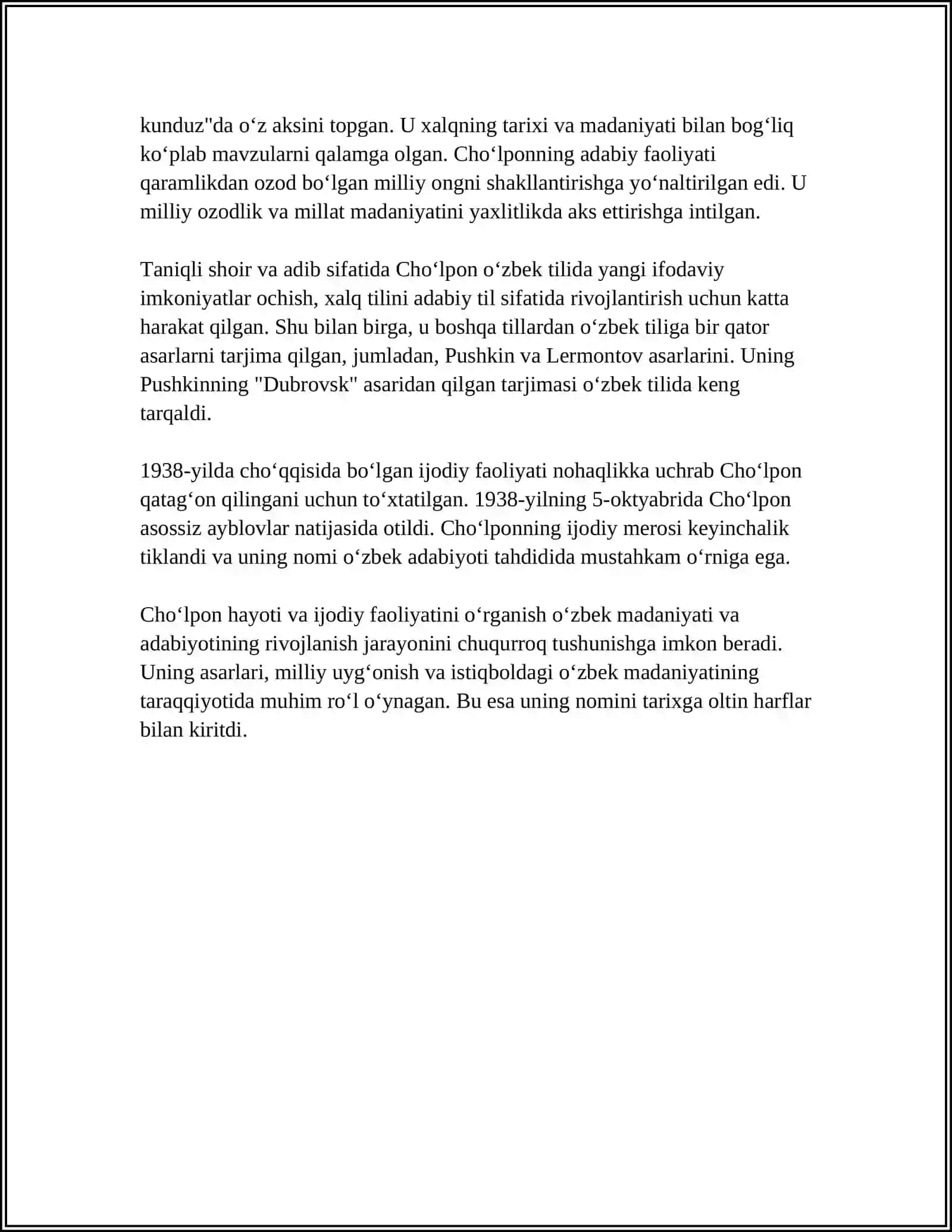 CHOʻLPONNING ADABIYOT-ESTETIK QARASHLARI VA,, ADABIYOT NADURʼʼ MAQOLASI BILAN TANISHISH VA SHU SAVOL SHAXSIY MULOHAZA TAYYORLASH 4