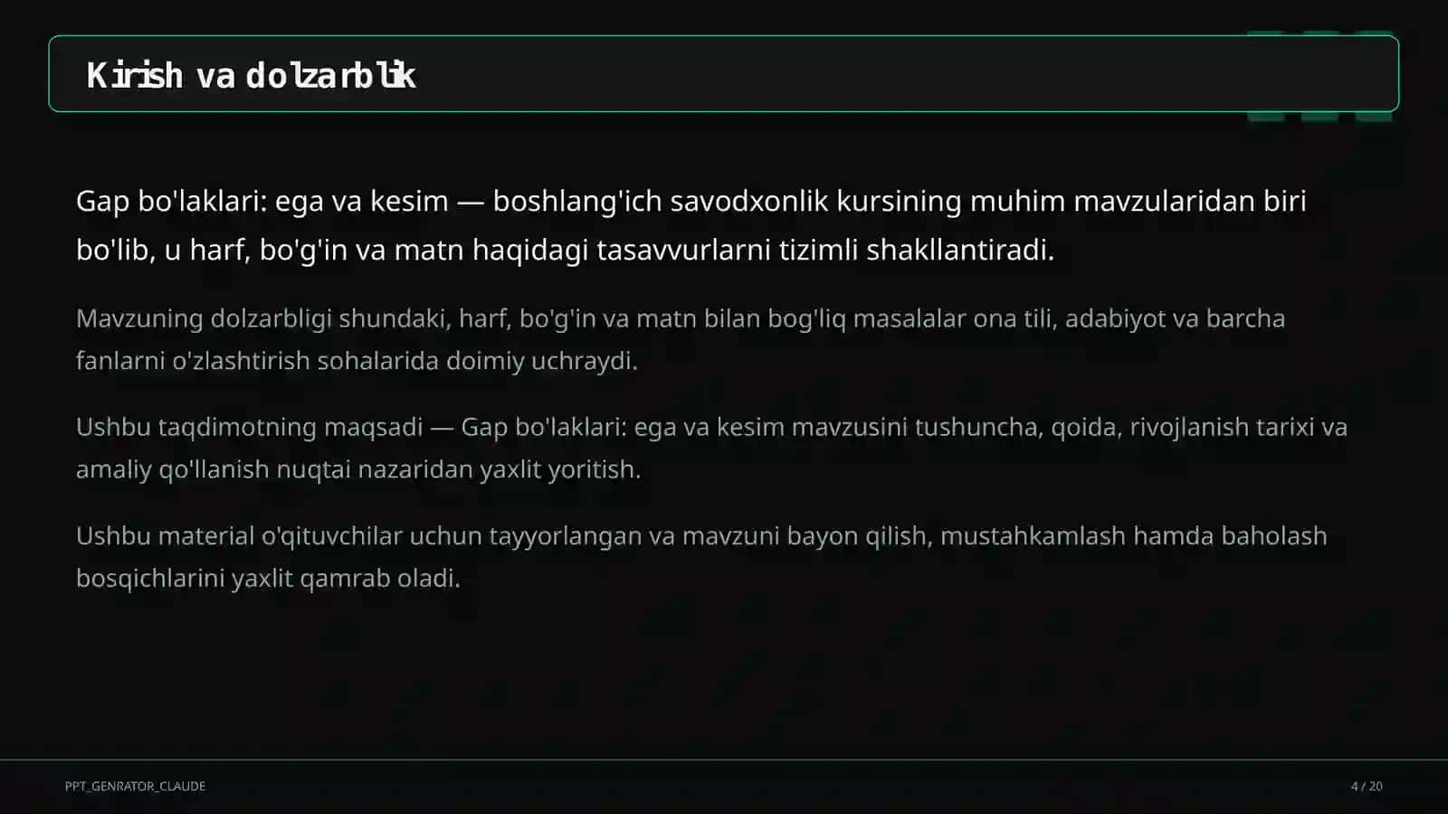 Gap bo'laklari: ega va kesim (4-sinf) 4