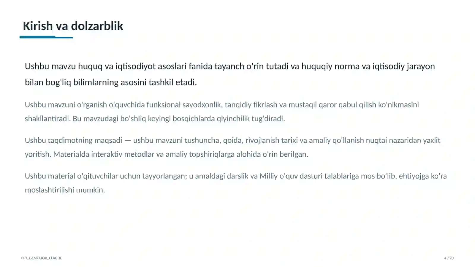 Huquq va iqtisodiyot asoslari (9–11) - o'qituvchilar uchun 4