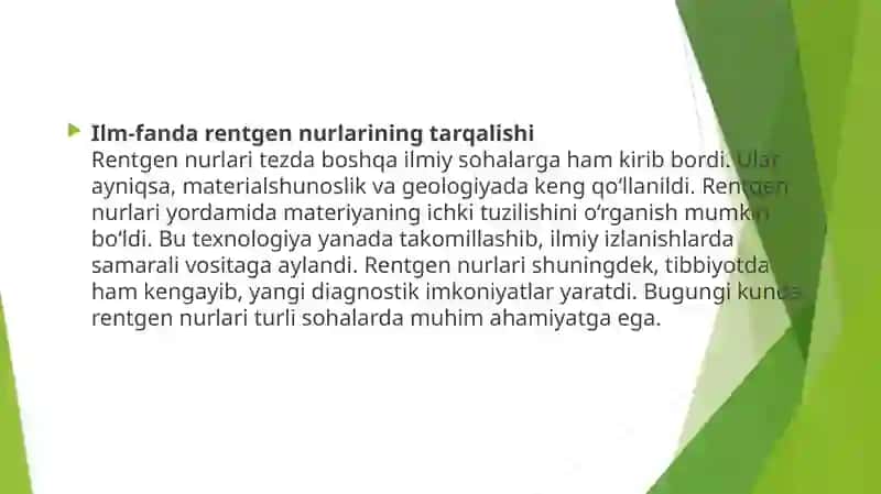 Rentgen nurlarini o‘rganish tarixi, suyak va bo‘g‘imlar rivojlanishini rentgen nurlari yordamida o‘r 4