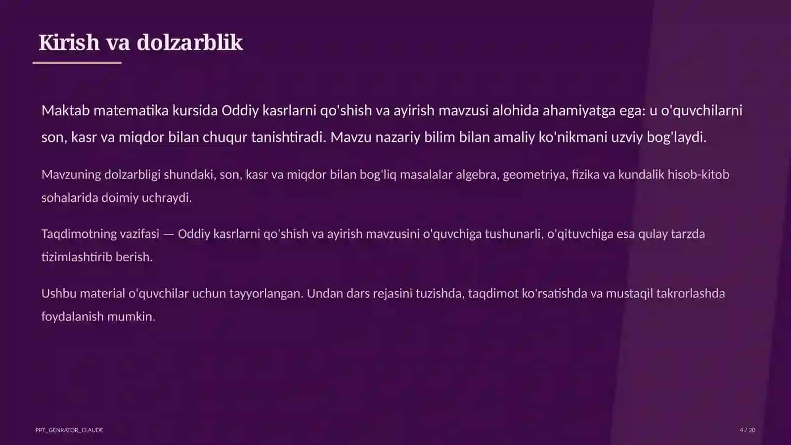 Oddiy kasrlarni qo'shish va ayirish (5-sinf) 4