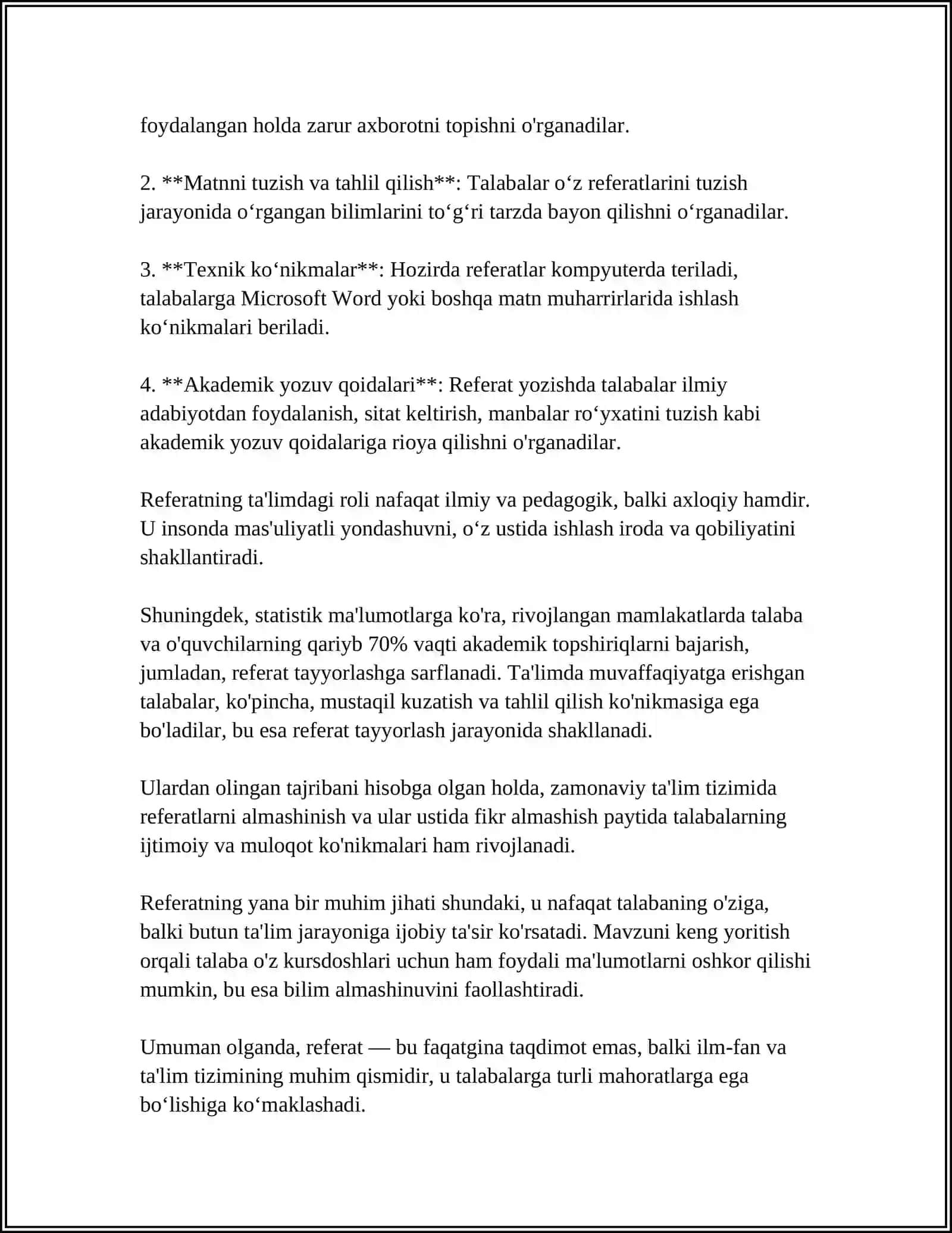 REFERAT TUSHUNCHASI VA TURLARI, TARKIBI. REFERAT YOZISHDAGI ASOSIY XATOLIKLAR. RASMIYLASHTIRISH TALABLARI 4