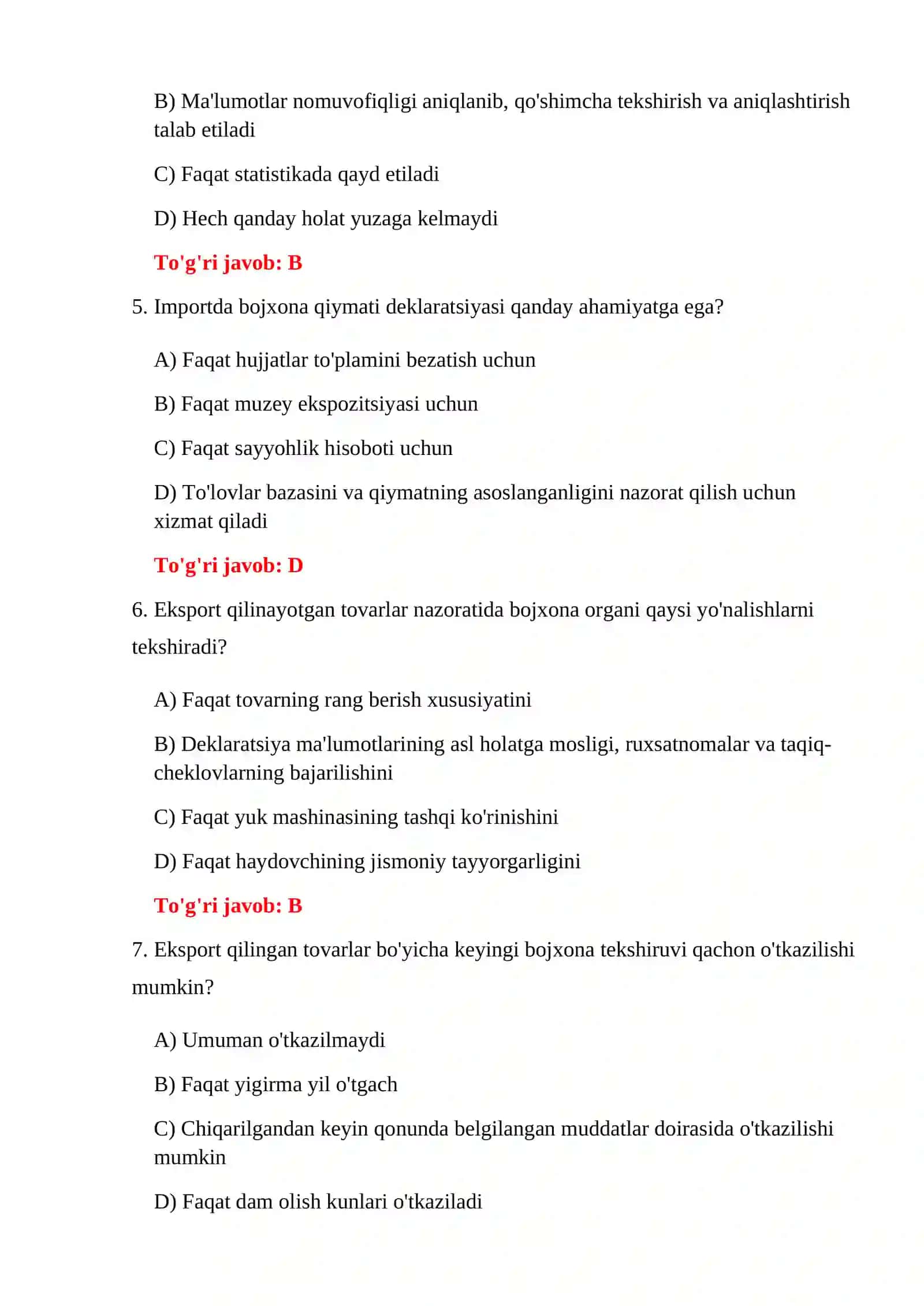 EKSPORT BOJXONA TO'LOVLARI TESTLARI 4