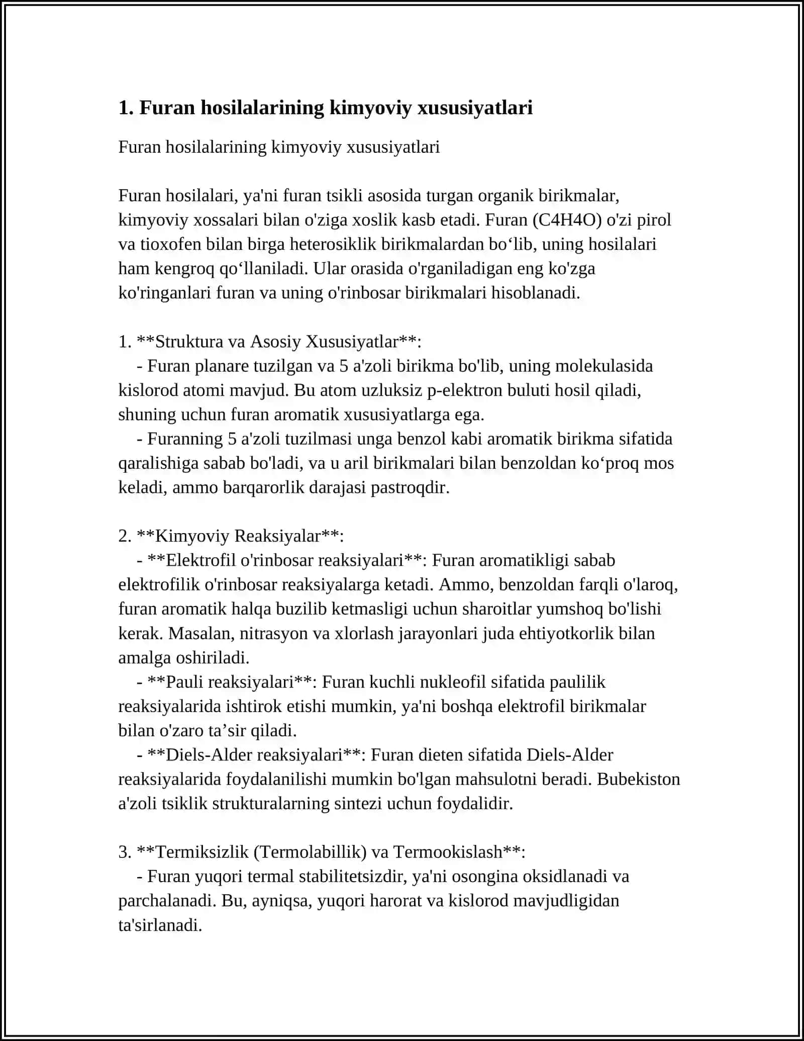 "FURAN HOSILALARI VA ULARNING TIBBIYOTDA QO’LLANILADIGAN HOSILALARI TAHLILI. 5-NITROFURAN HOSILALARI- FURATSILIN, FURADONIN, FURAZIDIN VA FURAZOLIDON FARMATSEVTIK TAHLILI" 4