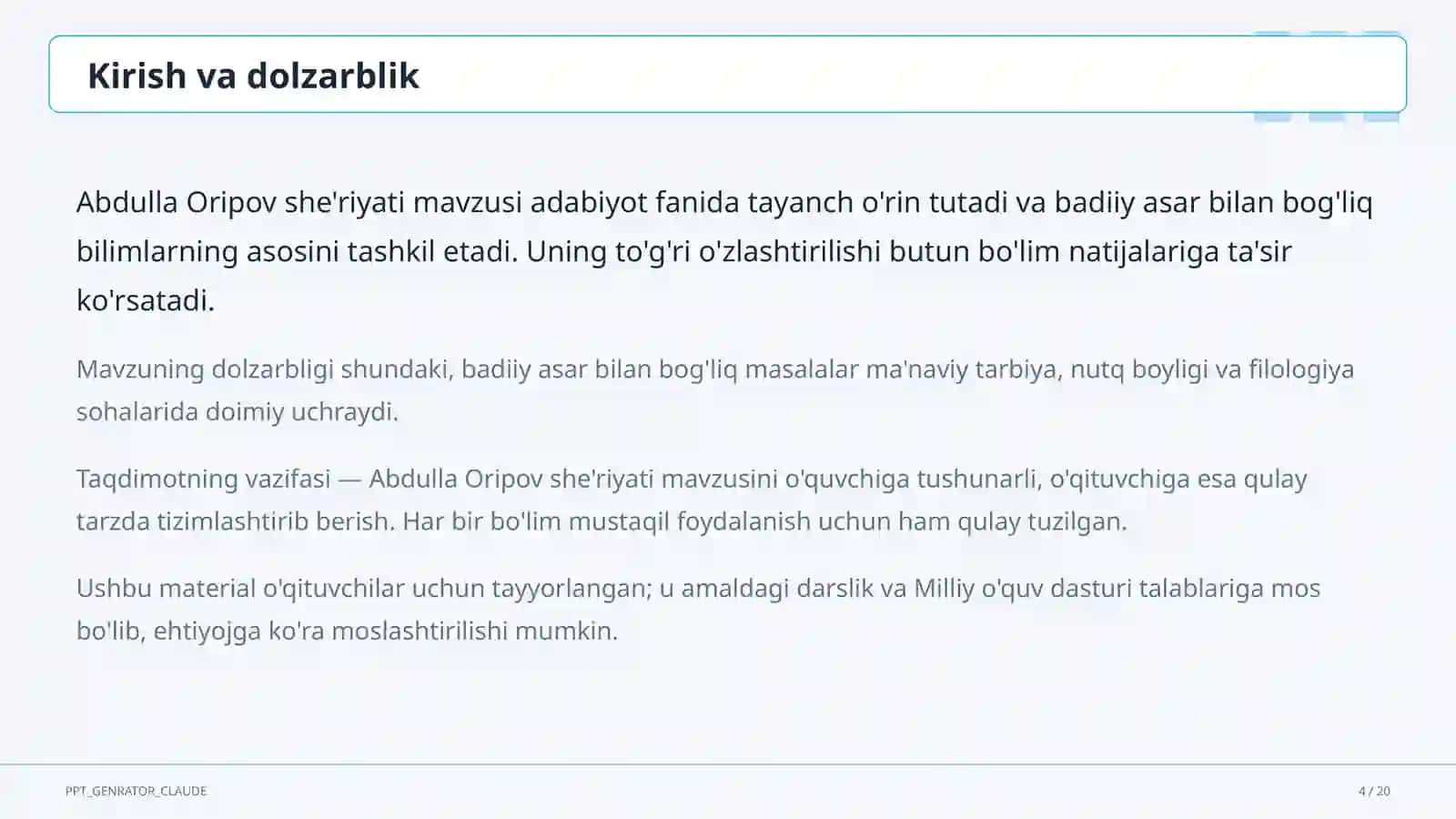 Abdulla Oripov she'riyati (9-sinf) 4