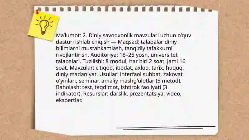 Diniy savodxonlik bo'yicha suhbatlar zakovat o'yinlari va boshqa ma'rifiy tadbirlar tashkil etish 4