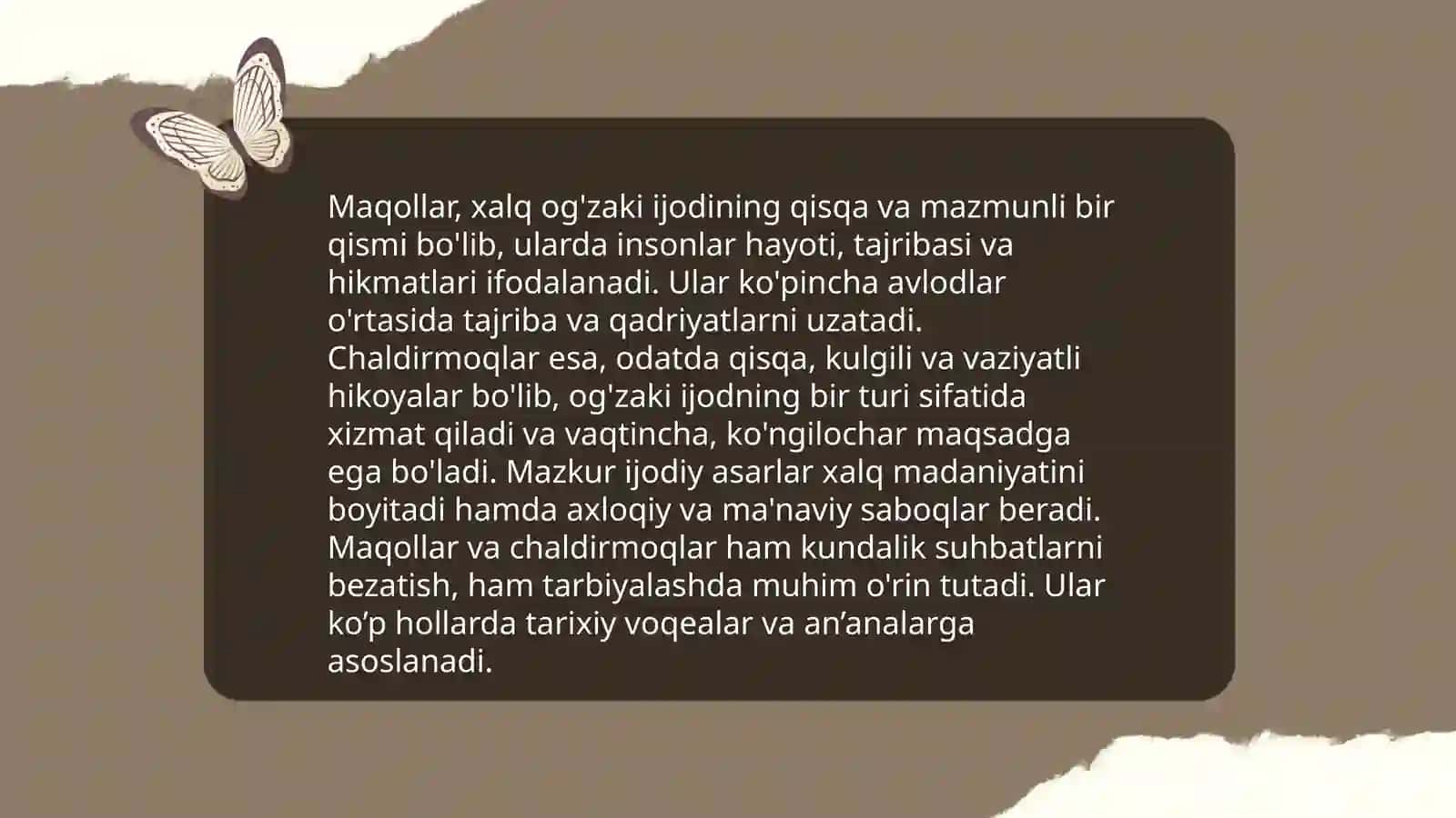 Maqol, topishmoq va chaldirmoq janrlarining uygʻun va farqli xossalari 4