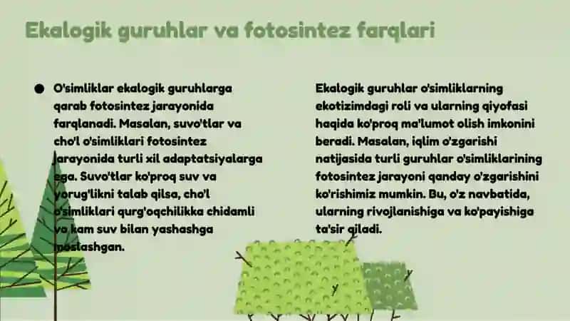 Turli ekalogik guruhlarga mansub o'simliklar fotosintezining o'ziga xos xususiyatlari 4