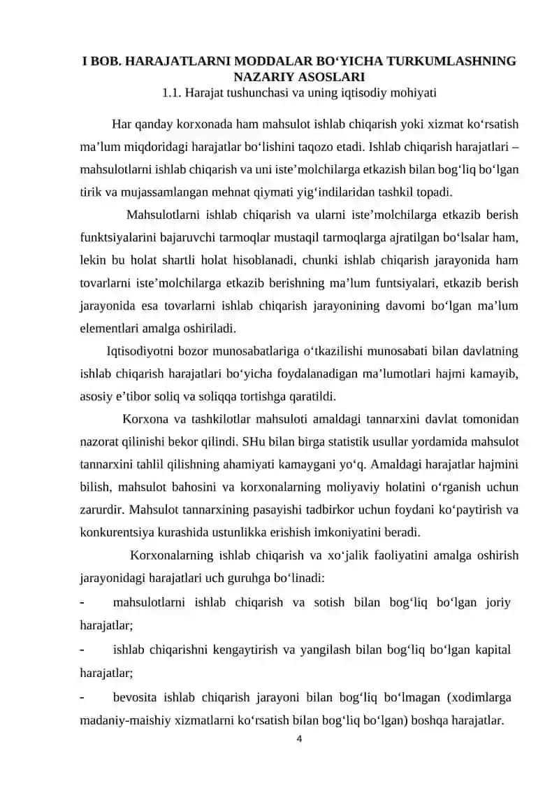 Harajatlarni moddalar bo'yicha turkumlash va xomashyo tannarxini rejalashtirish 4
