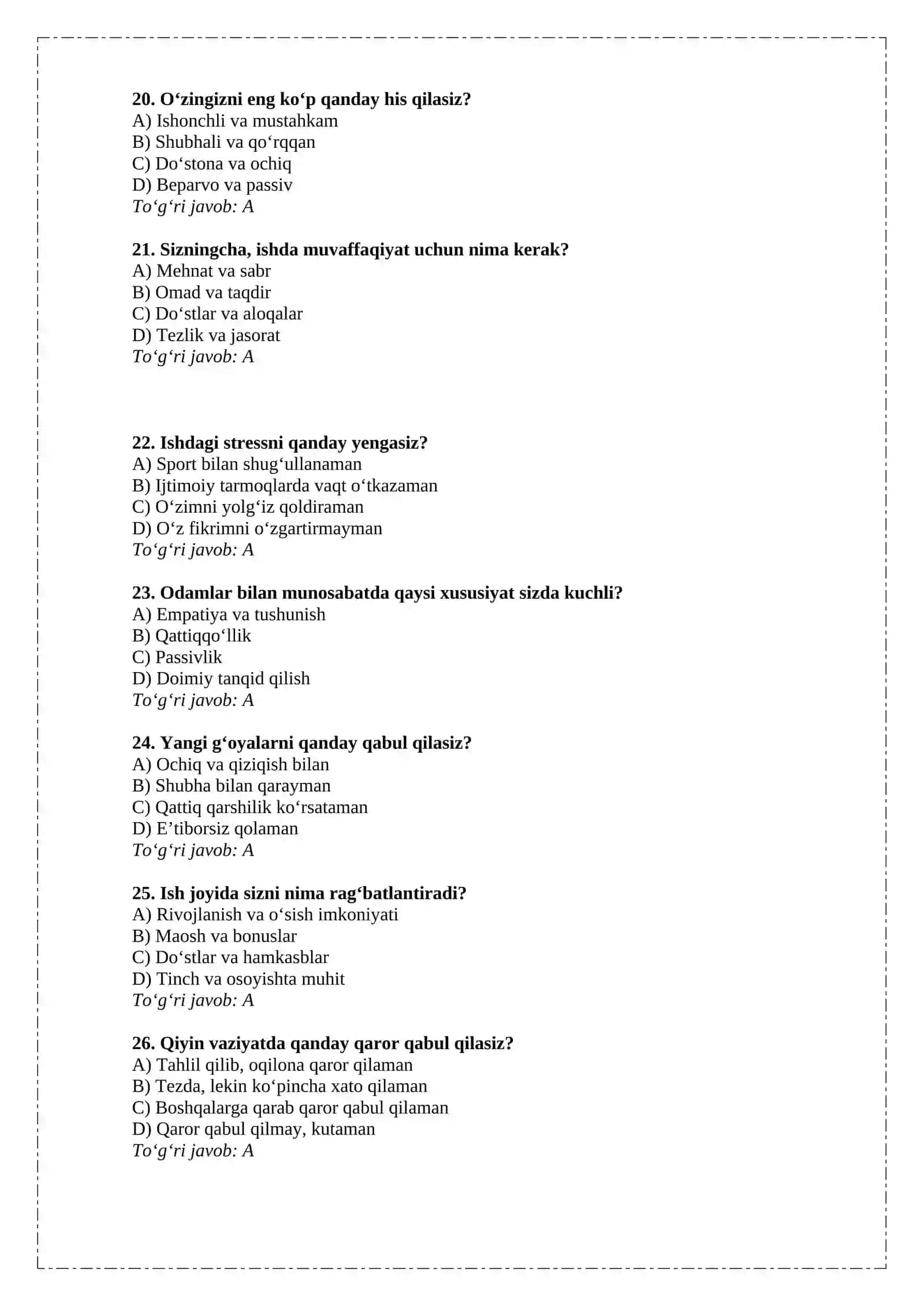 100 TA VARIANTLI PSIXOLOGIK TEST SAVOLLARI ICHKI ISHLARGA KIRUVCHILARGA 4