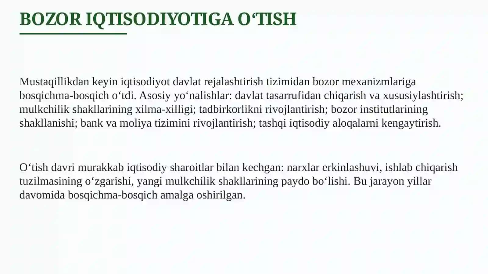 O‘zbekiston Respublikasida mustaqillikdan so‘ng ijtimoiy-iqtisodiy o‘zgarishlar 4
