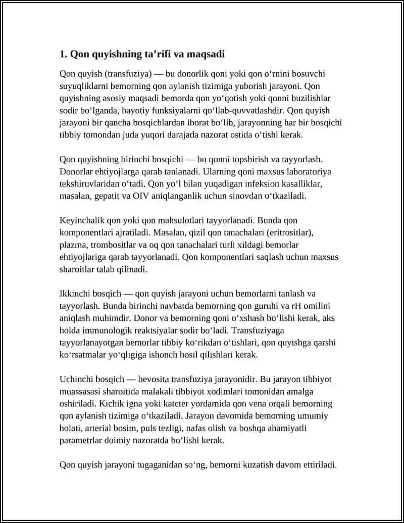 Qon quyish boshqichlari, talablar va qon o'rnini bosuvchi suyuqliklar va klinikadagi ahamiyati 4