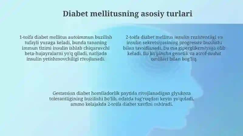 Qandli diabet kasalligi sabablari klinik turlari 4