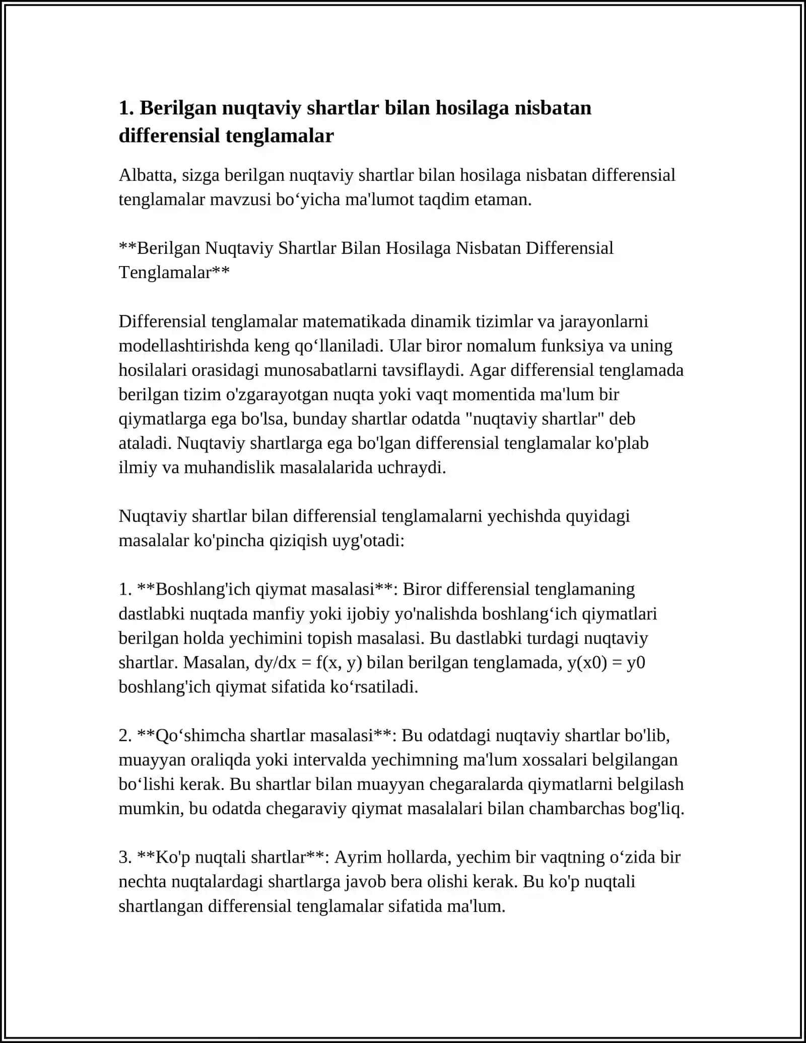 Berilgan Nuqtaviy Shartlar Bilan Hosilaga Nisbatan Differensial Tenglamalar 4