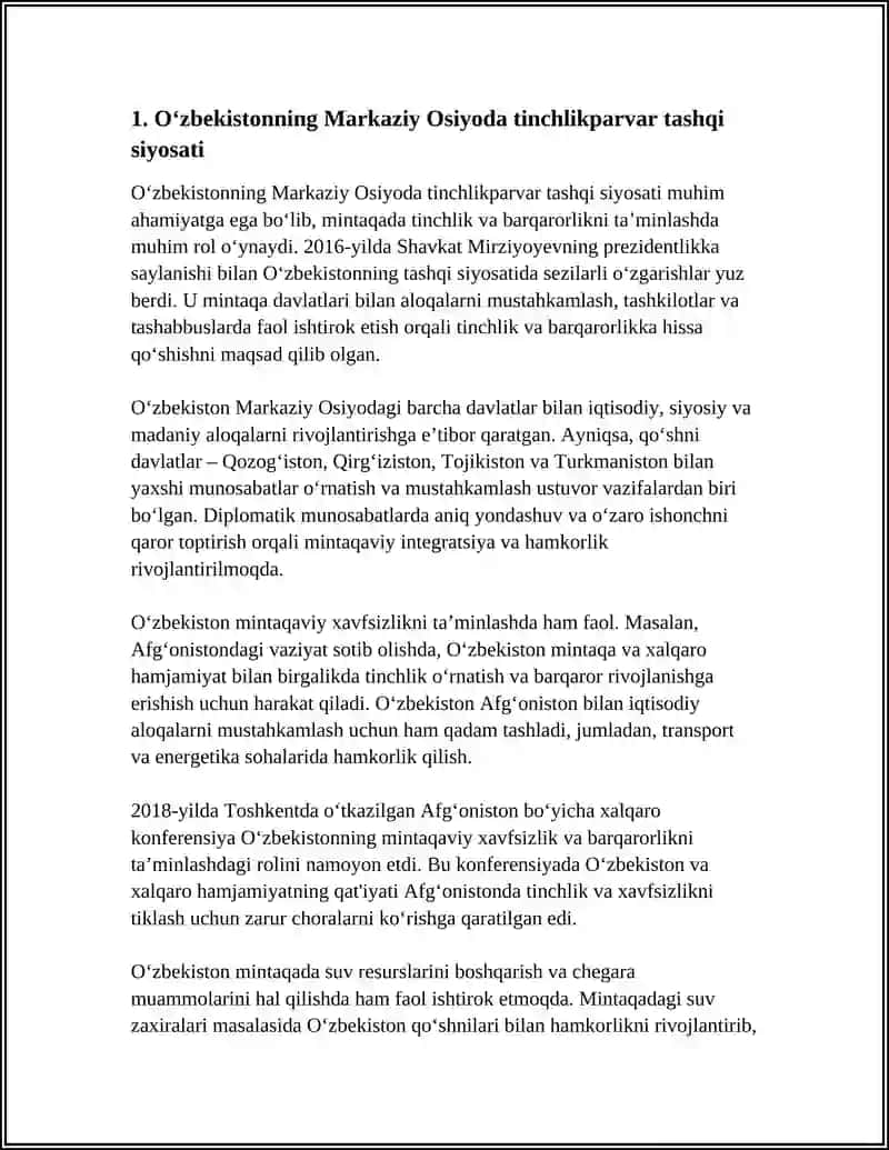 O'ZBEKISTONNING MARKAZIY OSIYODA TINCHLIK VA BARQARORLIKNI TA’MINLASHDAGI O’RNI 4