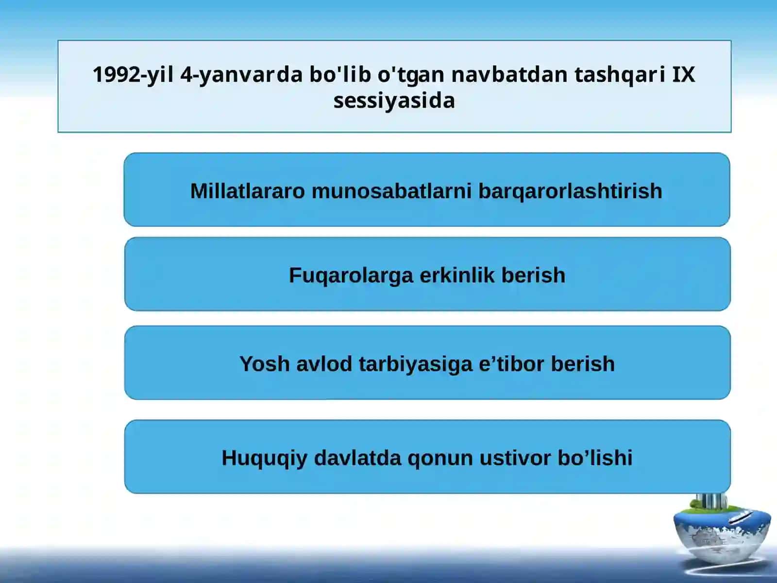 O’ZBEKISTONNING O’ZIGA XOS ISTIQLOL VA TARAQQIYOT YO’LI 4