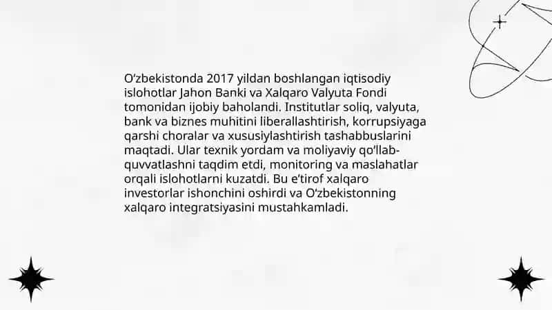 Oʻzbekiston 2030 strategiyasi va uning xalqaro jamiyat tashkilotlar tomonidan eʼtirof etilishi 4