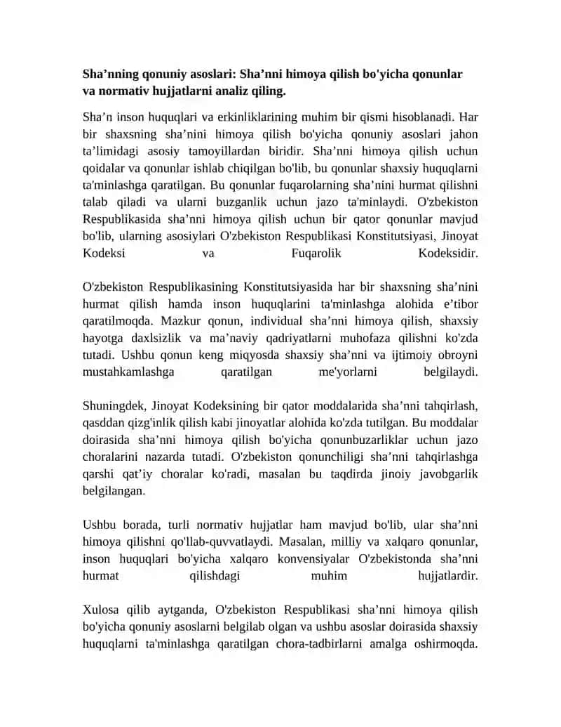 Sha’n, Qadr-qimmat va Ishchanlik Obro‘sini Fuqarolikhuquqiy Himoya Qilish 4